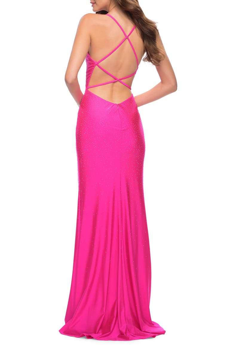 Neon Prom Gown with Rhinestone Fabric and Deep V, Alternate, color, NEON PINK