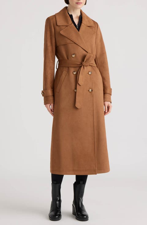 Faux Suede Double Breasted Longline Coat