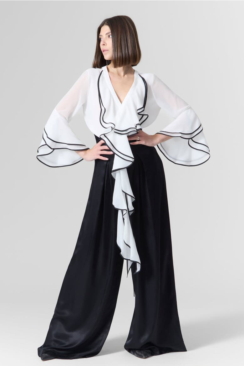 Ruffles Blouse & Pants Set, Main, color, White Black