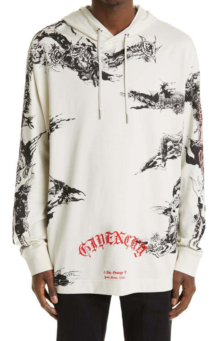 Givenchy Gothic Logo Oversize Hooded Graphic Tee, Main, color, 