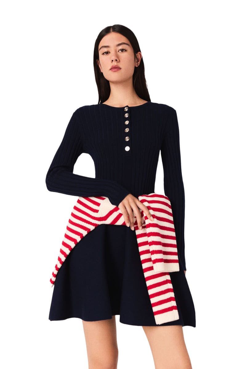 maje Mini knit dress with flared skirt, Alternate, color, Navy