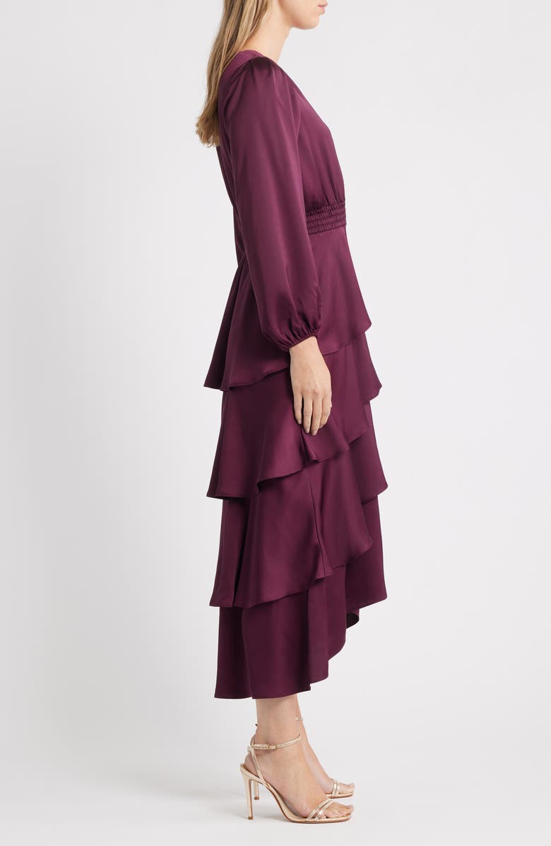 Anne Klein Long Sleeve Tiered High-Low Satin Dress, Alternate, color, Dark Chianti