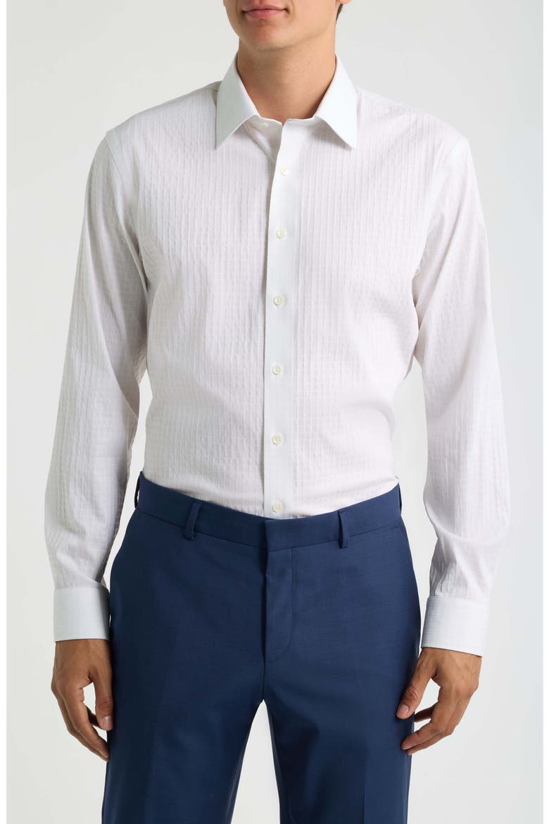 Trim Fit Premium Performance Microcheck Dress Shirt, Main, color, WHITE CAZALE CHECK