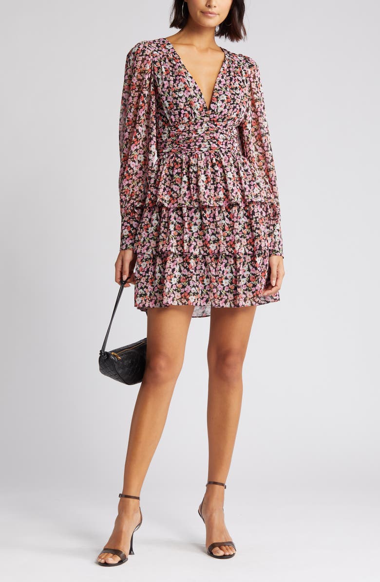 Charles Henry Floral Tiered Long Sleeve Minidress, Main, color, Black Ditsy