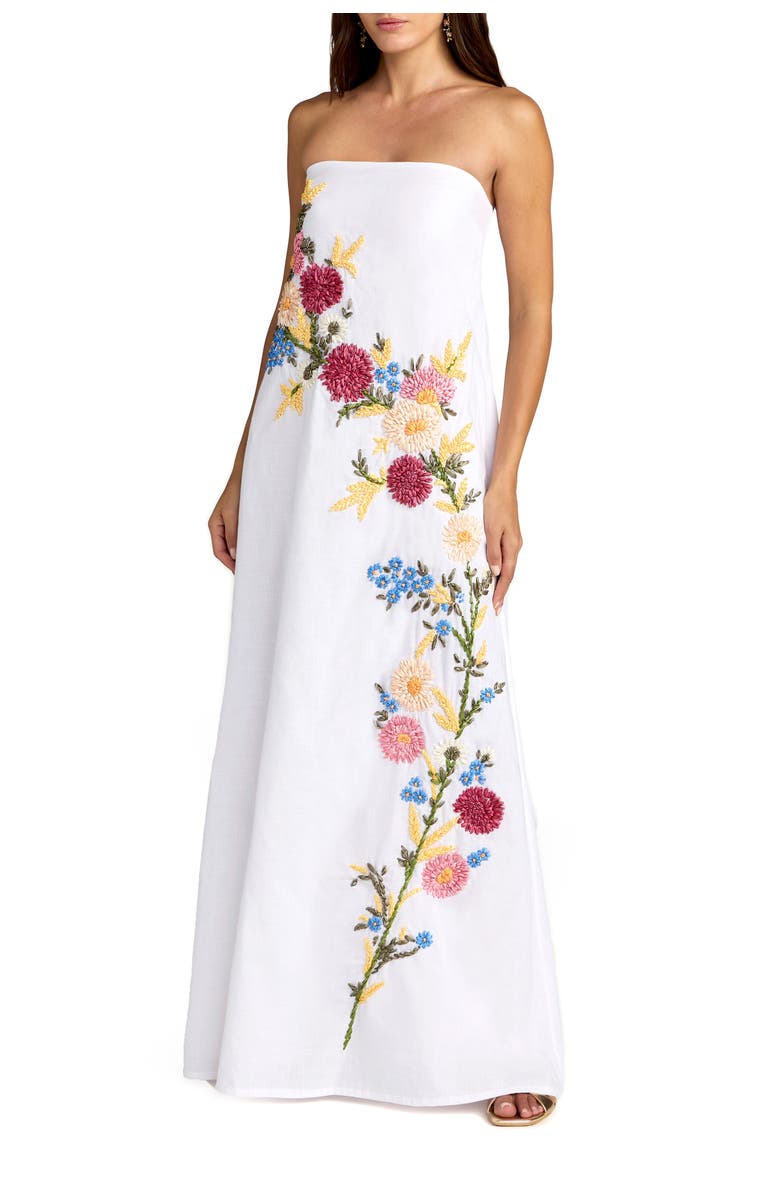 Mac Duggal Strapless Floral Embroidered Linen Gown, Main, color, White Multi