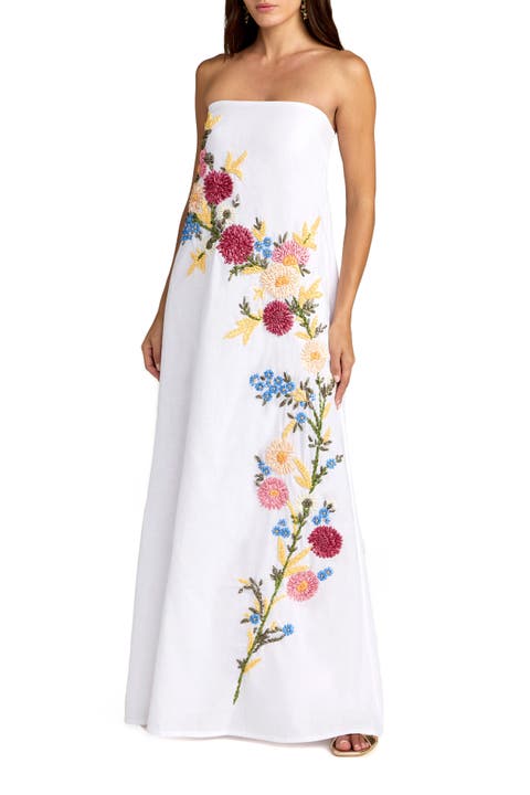 Strapless Floral Embroidered Linen Gown