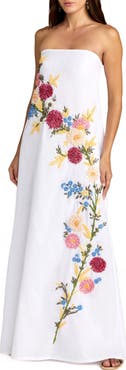 Mac Duggal Strapless Floral Embroidered Linen Gown