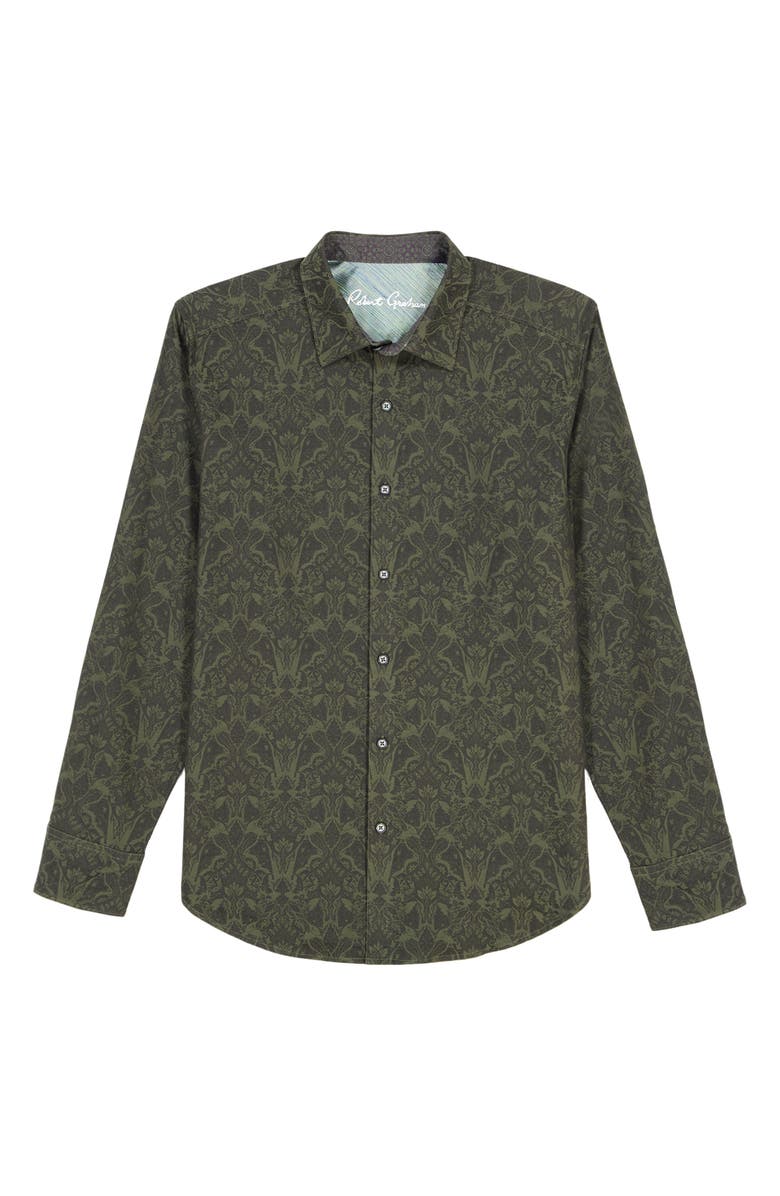 Robert Graham Highland Damask Pattern Stretch Cotton Button-Up Shirt, Alternate, color, Olive