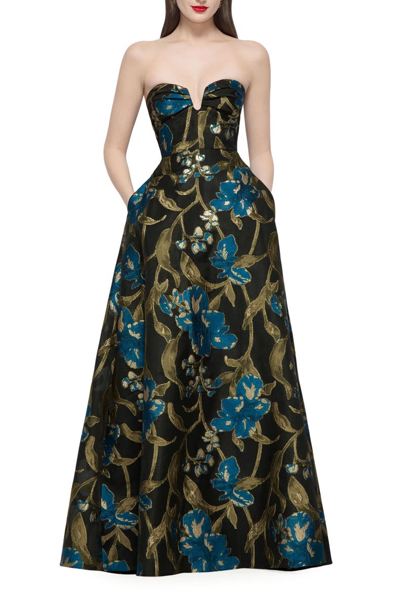 Veronica Floral Print Strapless Gown, Main, color, PEACOCK BLUE MULTI