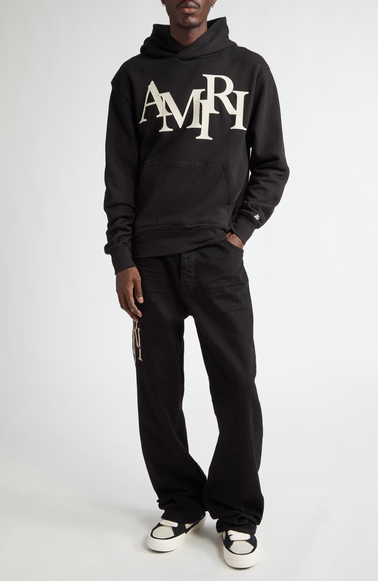 AMIRI Staggered Logo Nonstretch Denim Straight Leg Jeans, Alternate, color, Black Od