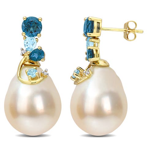 Pearl Blue Topaz & Diamond Drop Earrings