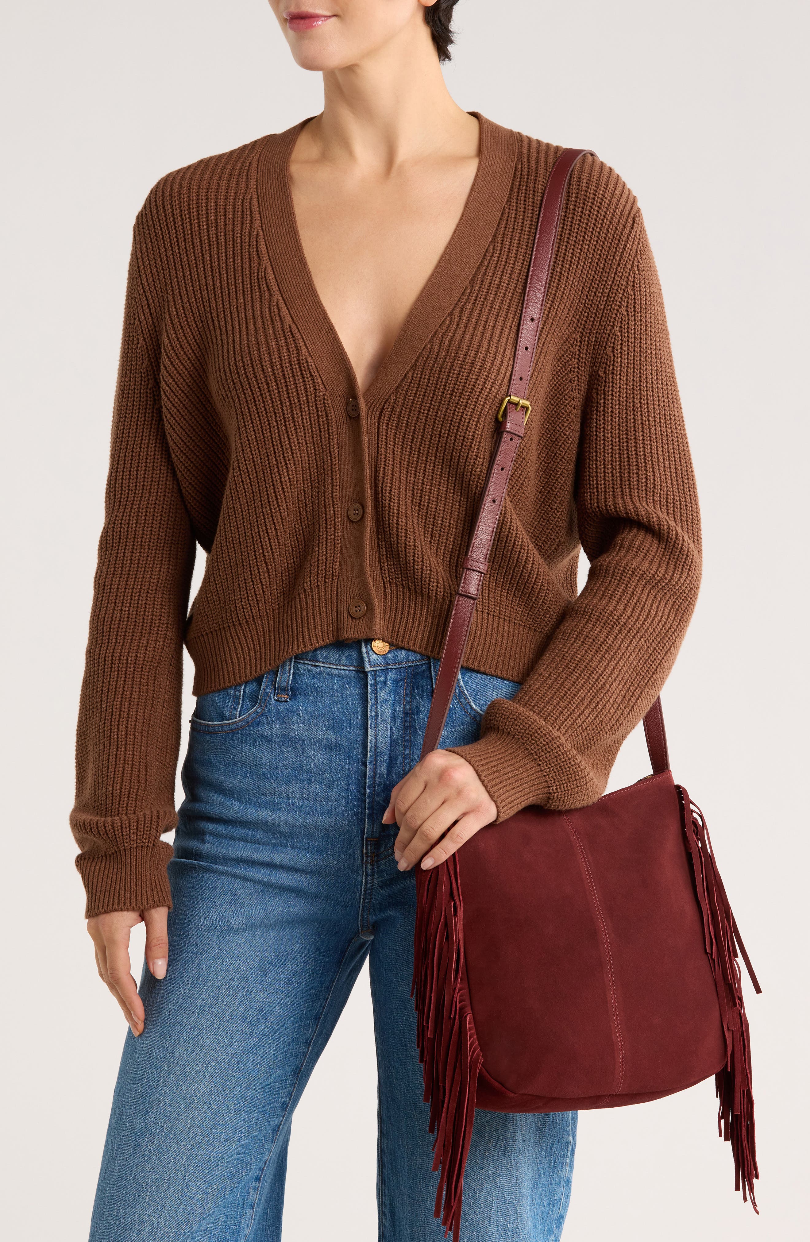 Lucky Brand Bran Nyra Suede Fringe Crossbody Bag, Alternate, color, Red Dahlia