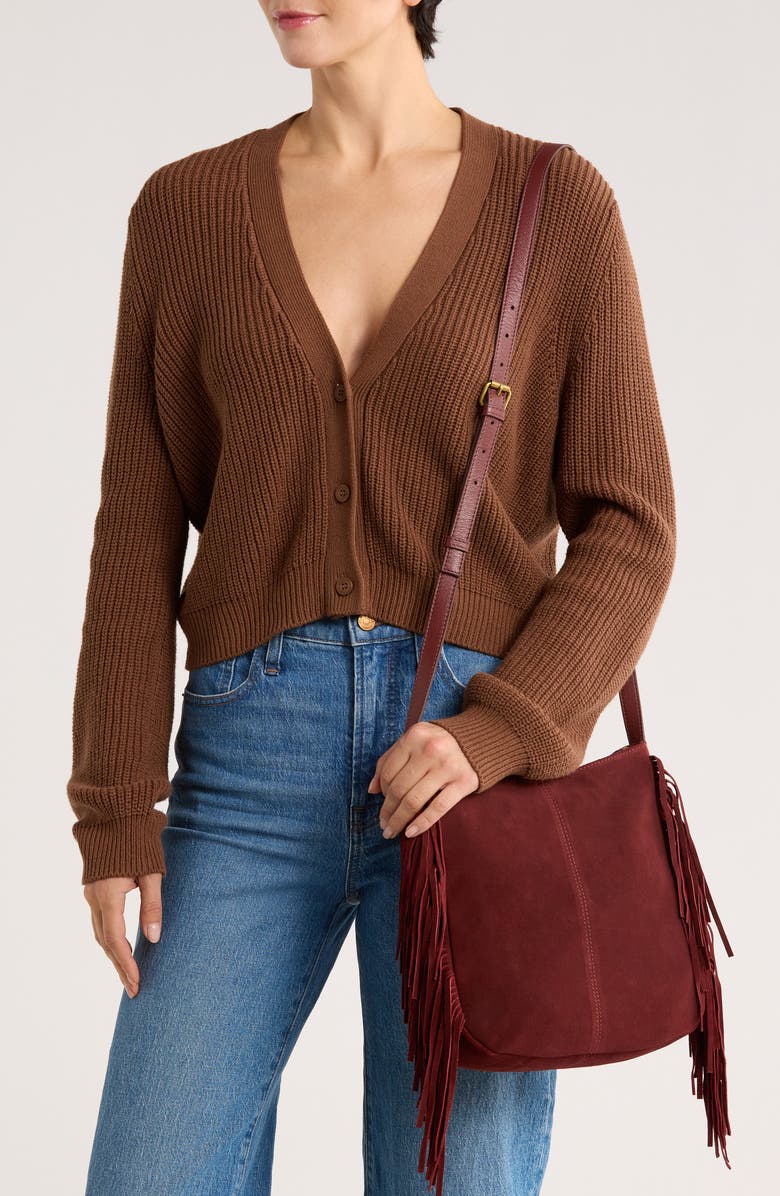 Lucky Brand Bran Nyra Suede Fringe Crossbody Bag, Alternate, color, Red Dahlia