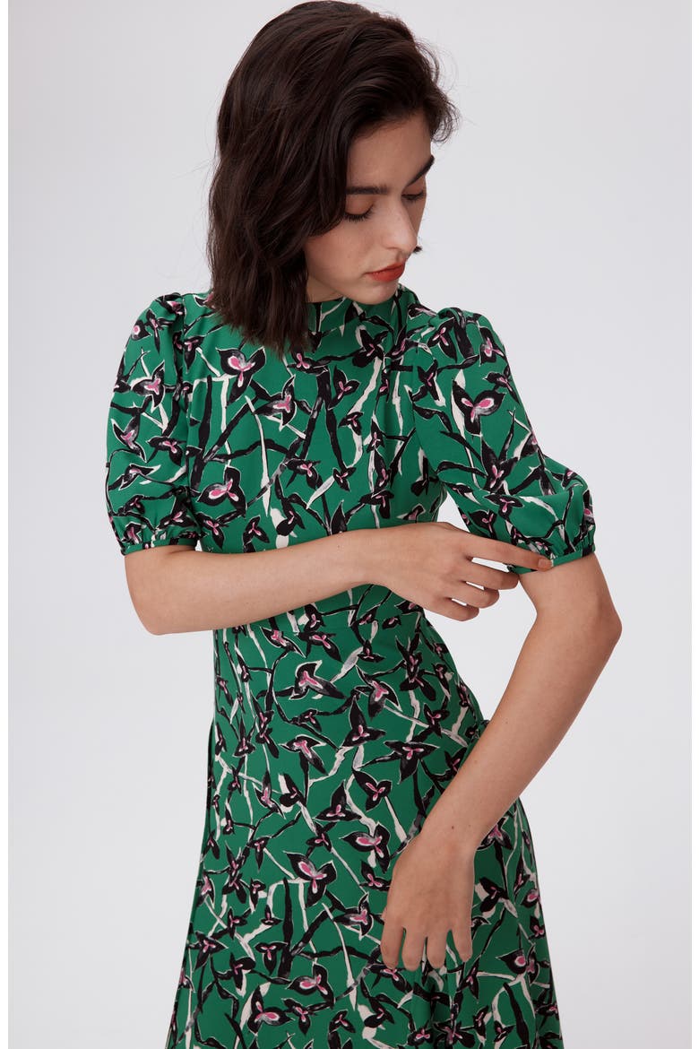 Nella Printed Mock Neck Midi Dress, Alternate, color, CLOVER TWIGS GREEN