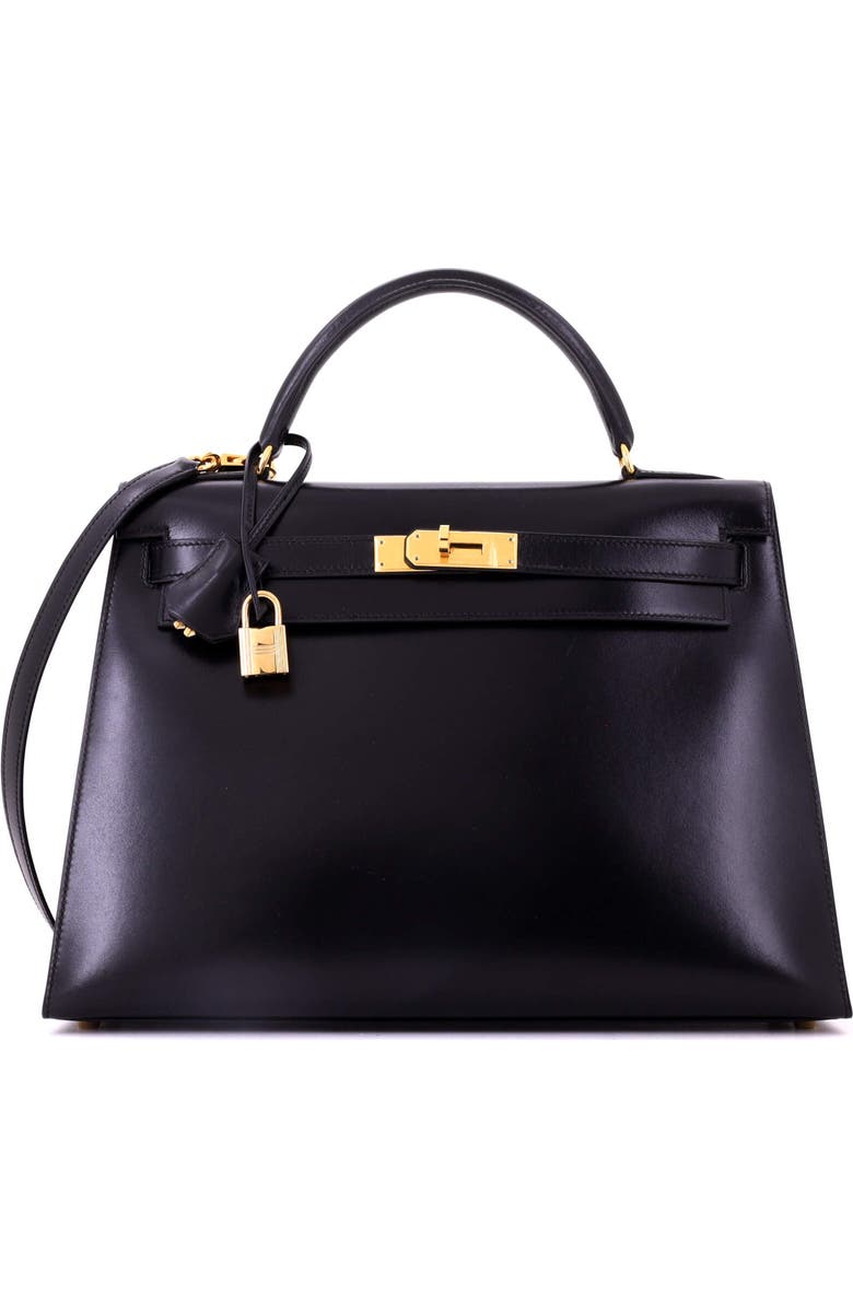 Pre-Owned Hermes Kelly Handbag Black Box Calf with Gold Hardware 32, Main, color, Noir
