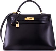 Pre-Owned Hermes Kelly Handbag Black Box Calf with Gold Hardware 32