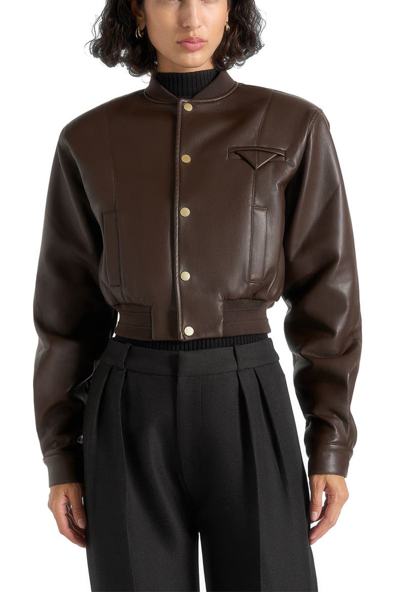 Zina Leather Wide Shoulder Bomber Jacket, Main, color, Brown