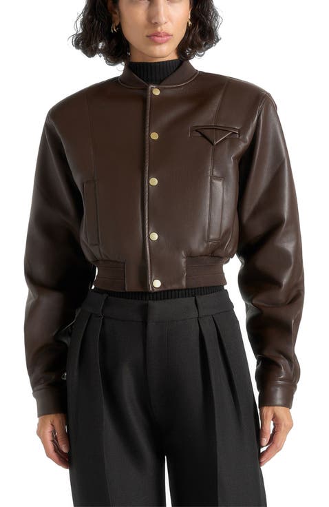 Zina Leather Wide Shoulder Bomber Jacket