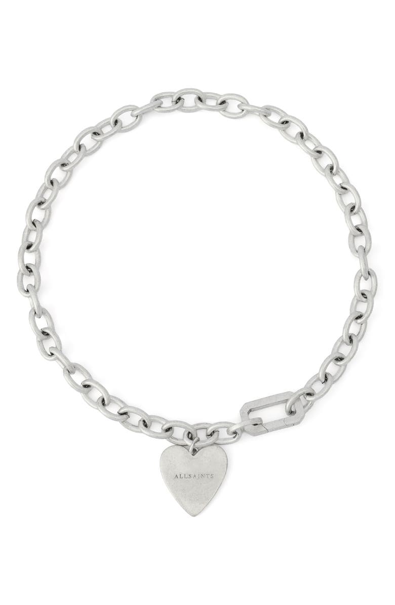 AllSaints Heart Charm Chain Link Necklace, Main, color, Warm Silver