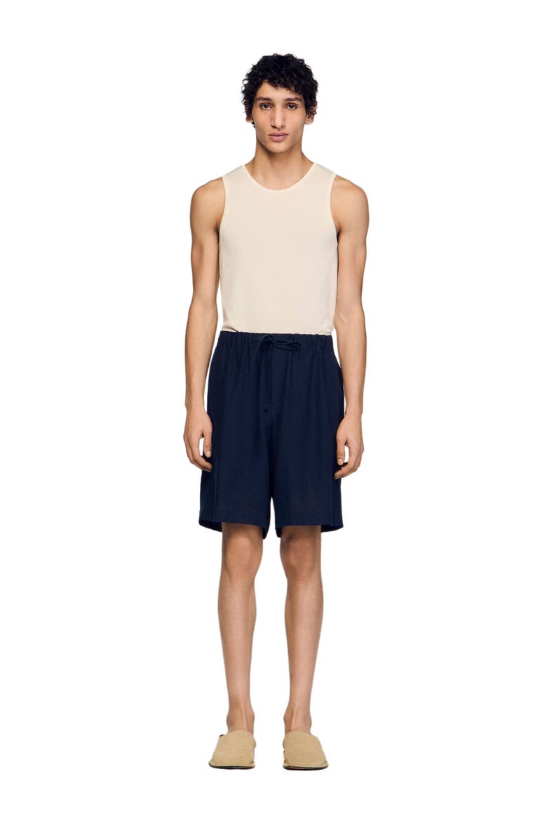 Elastic waist linen shorts, Alternate, color, Navy blue