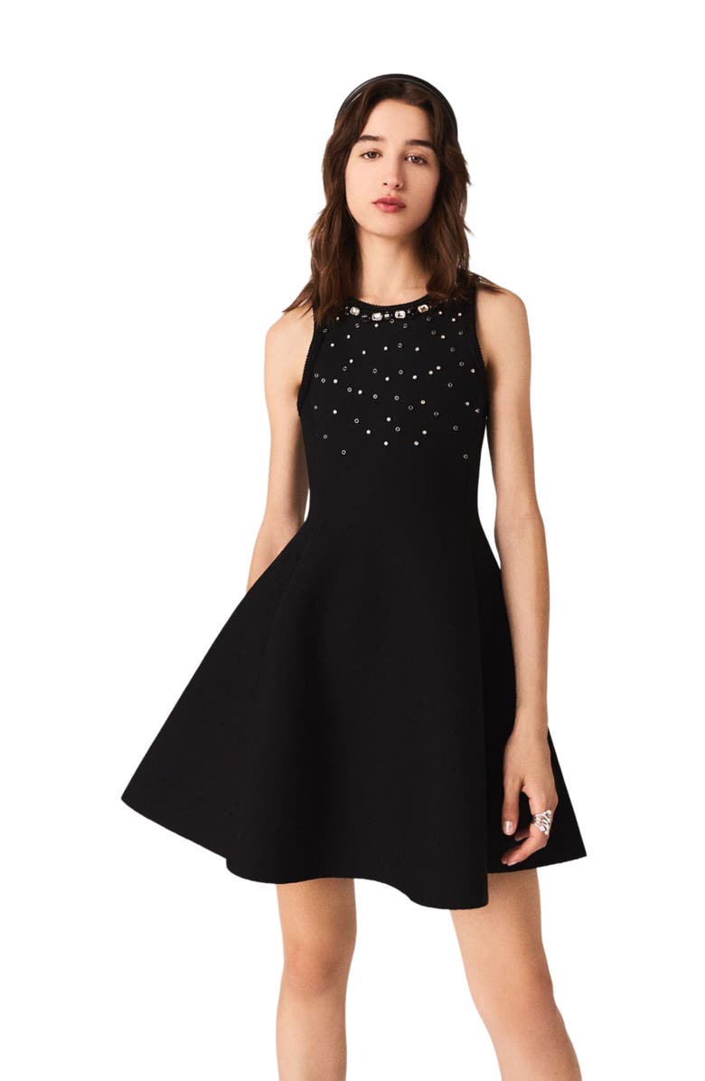 maje Jewelled skater dress, Alternate, color, Black