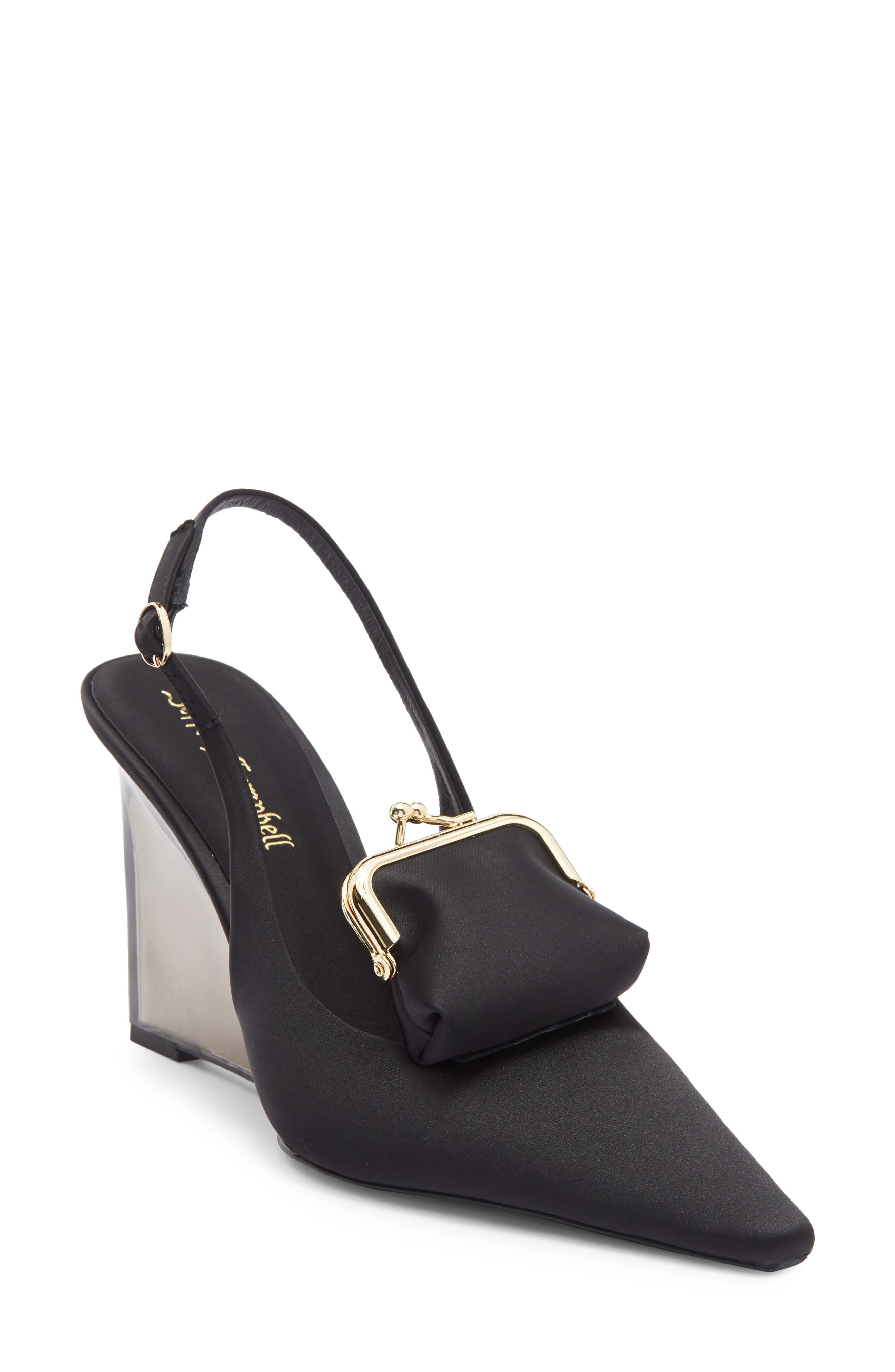 Jeffrey Campbell Pay Me Slingback Wedge Pump, Main, color, Black Satin Combo