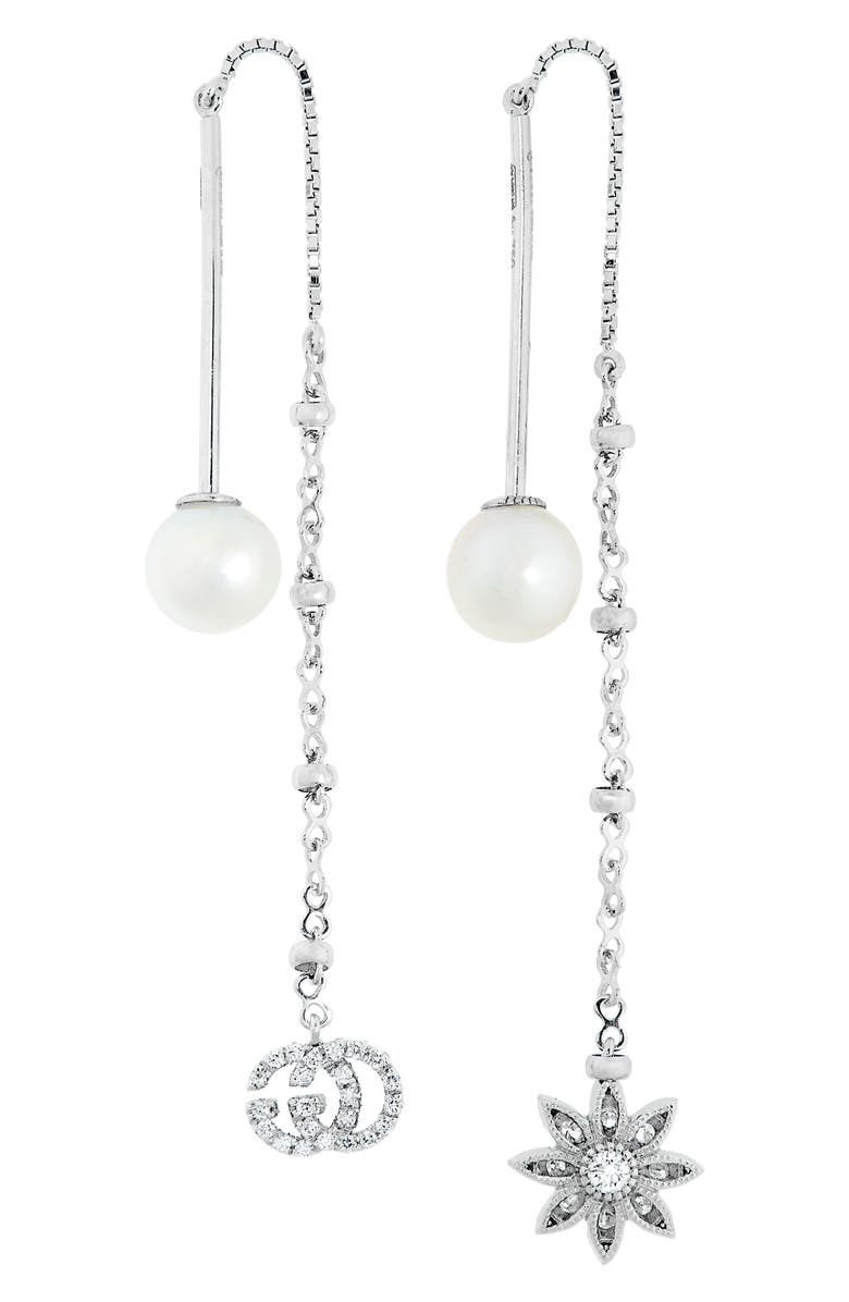 Gucci Flora Diamond & Cultured Pearl Threader Earrings, Alternate, color,