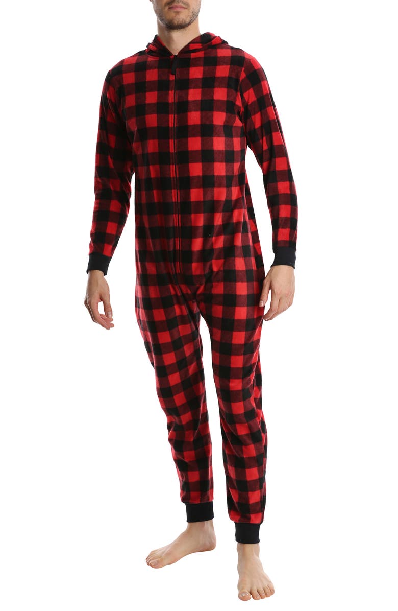 SLEEPHERO Novelty Plaid Fleece Bodysuit, Main, color, Buffalo Check