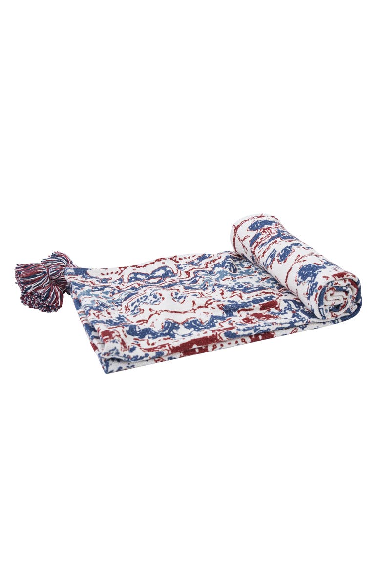 Taarush Red & Blue Grunge Pattern w/ Tassels Cotton Soft Cozy Accent Accent Throw Blanket, Main, color, White