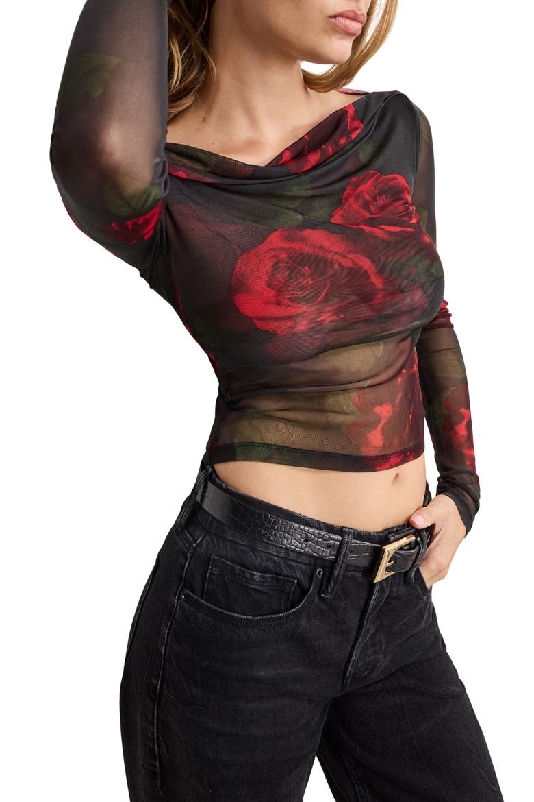 Ruched One-Shoulder Mesh Top, Alternate, color, MOODY RED ROSES001