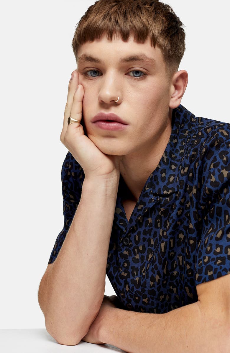 Topman Leopard Print Short Sleeve Button-Up Camp Shirt, Alternate, color, 