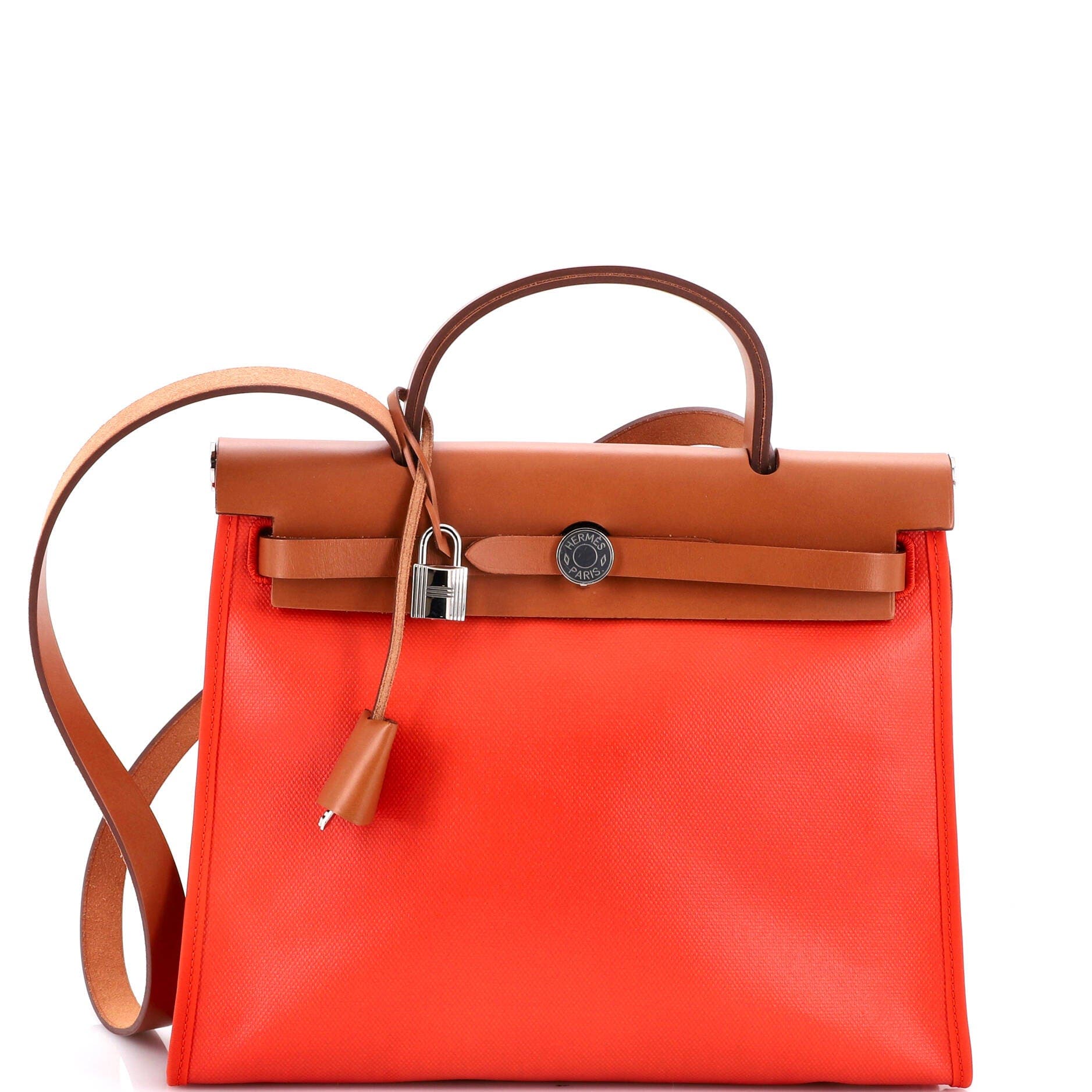 Pre-Owned Hermes Herbag Zip Berline Vache Canvas and Leather 31, Main, color, Orange Mecano