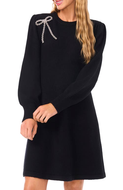 Cece Beaded Bow Detail Long Sleeve Sweater Minidress In Black