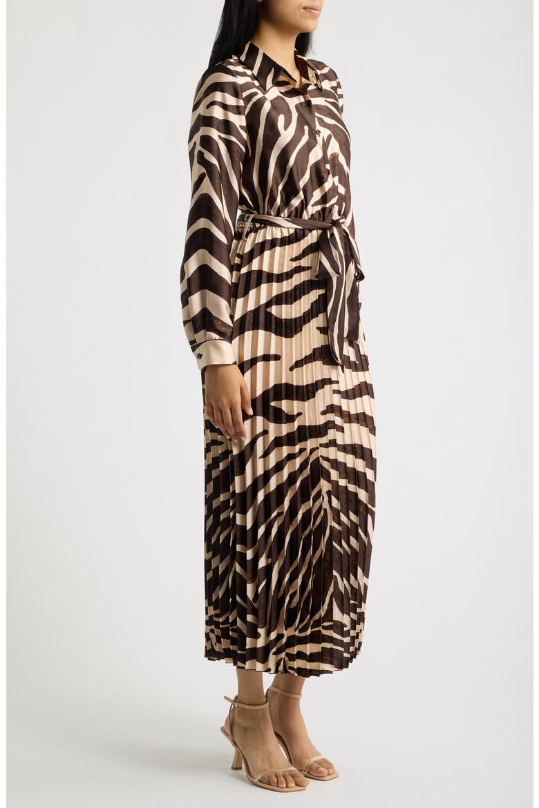 Zebra Print Long Sleeve Pleated Maxi Shirtdress, Alternate, color, BROWN