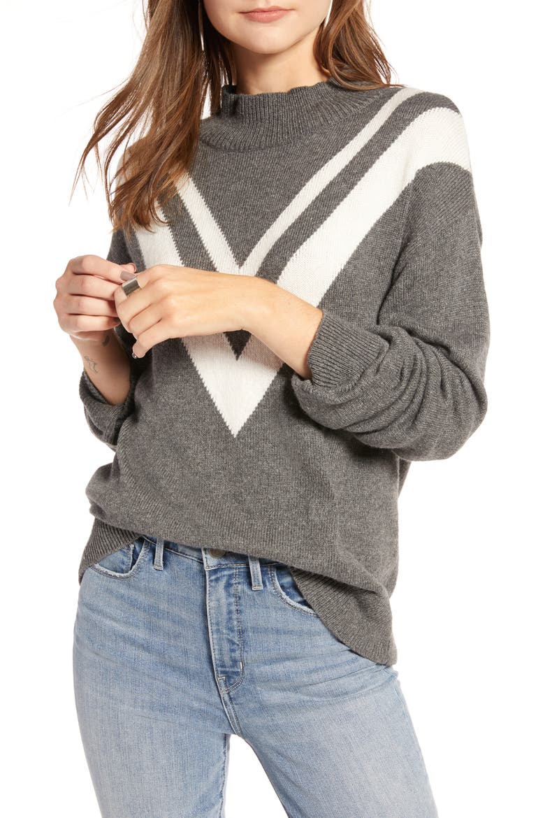 Contrast V-Stripe Funnel Neck Sweater, Main, color, GREY DK HEATHER- IVORY COMBO