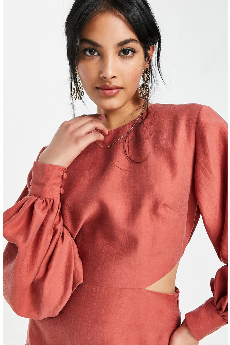 Open Back Long Sleeve Satin MInidress, Alternate, color, RED