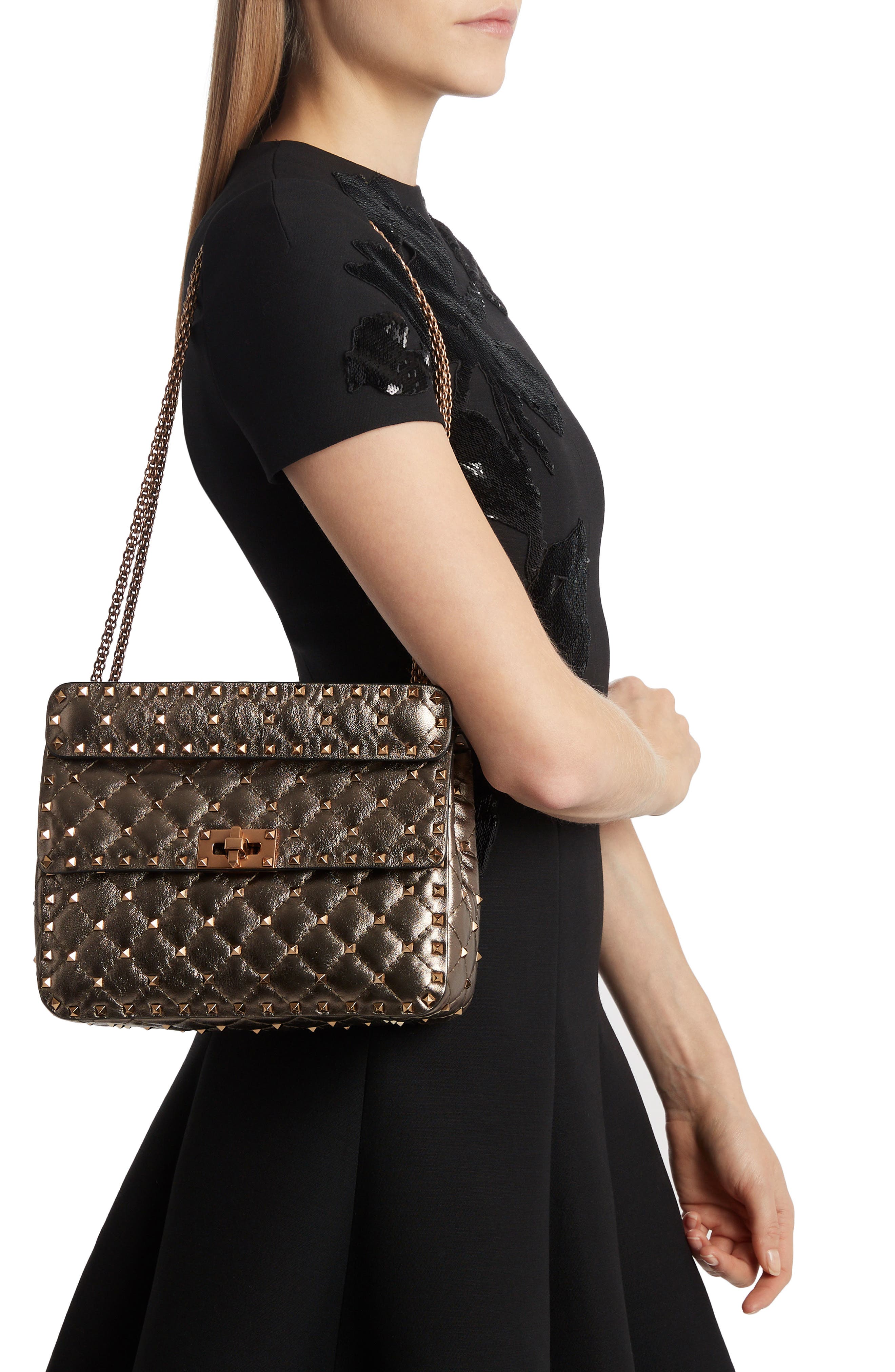 Valentino Garavani Medium Rockstud Spike Metallic Leather Shoulder Bag, Alternate, color, 