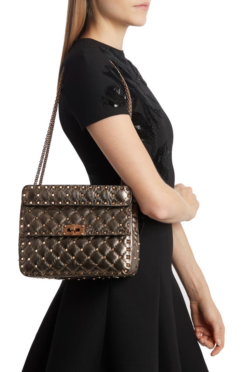 Valentino Garavani Medium Rockstud Spike Metallic Leather Shoulder Bag, Alternate, color,