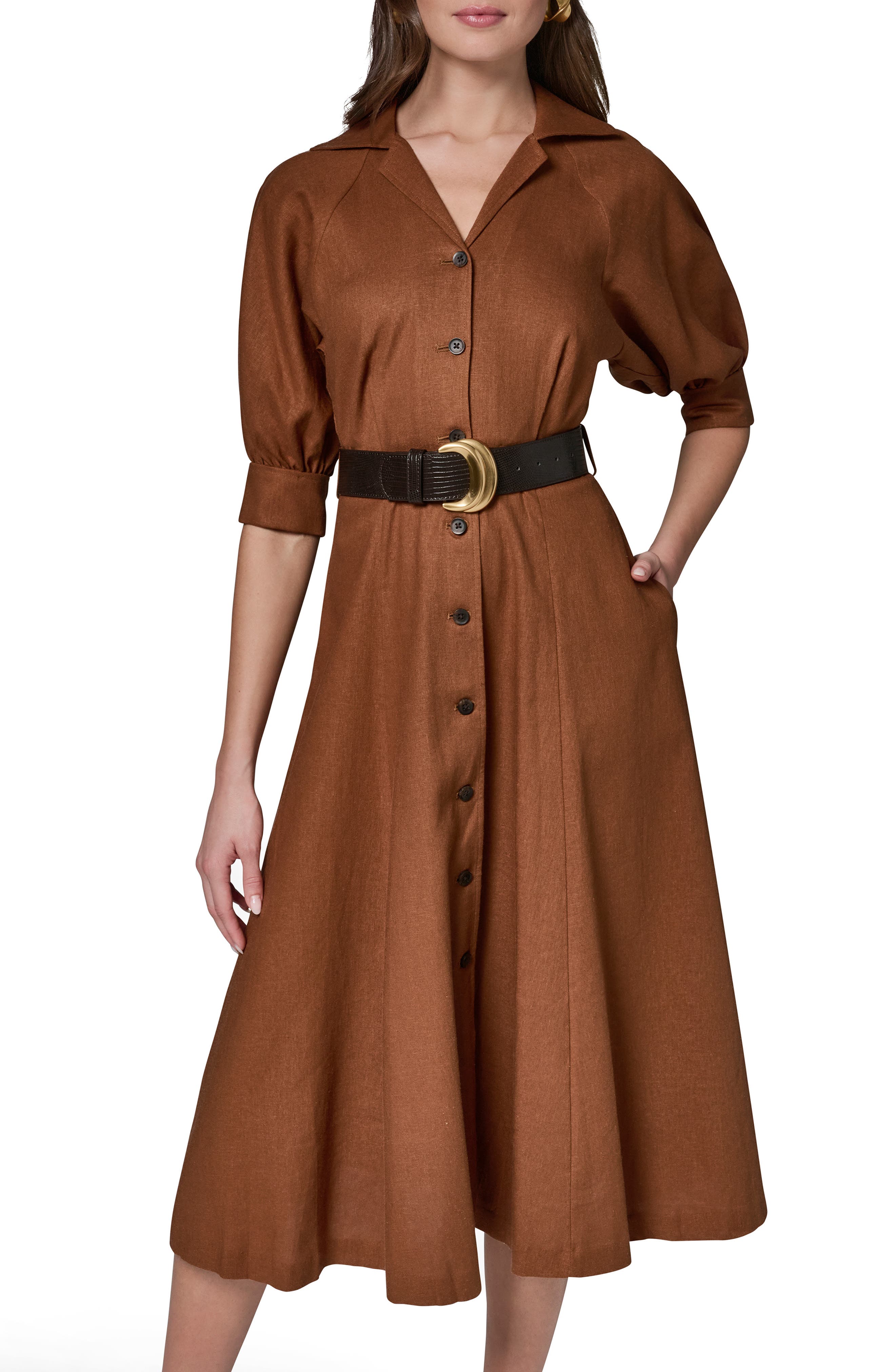 【インポート品】DONNA KARAN ESSENTIALS リネン100% Donna Karan New York Linen Blend Midi Shirtdress (Women) | Nordstrom