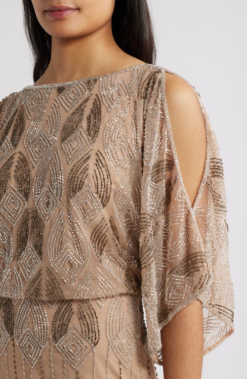 Pisarro Nights Beaded Cold Shoulder Cocktail Dress In Beige