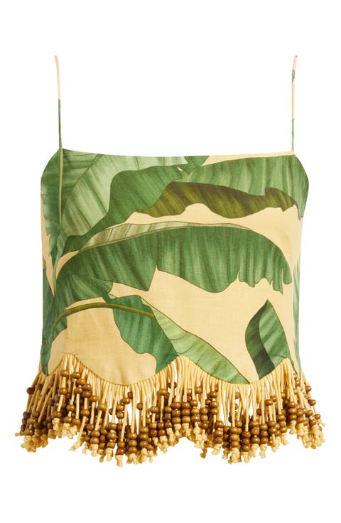 Botanical Fruit Print Beaded Fringe Top