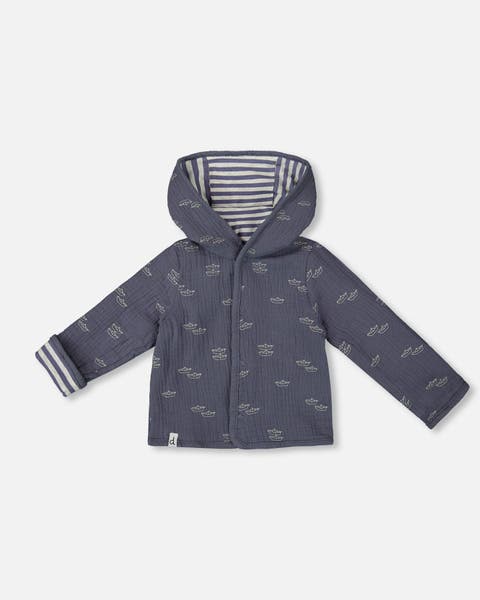 Baby Boy's Reversible Organic Cotton Hooded Jacket Navy Striped Blue