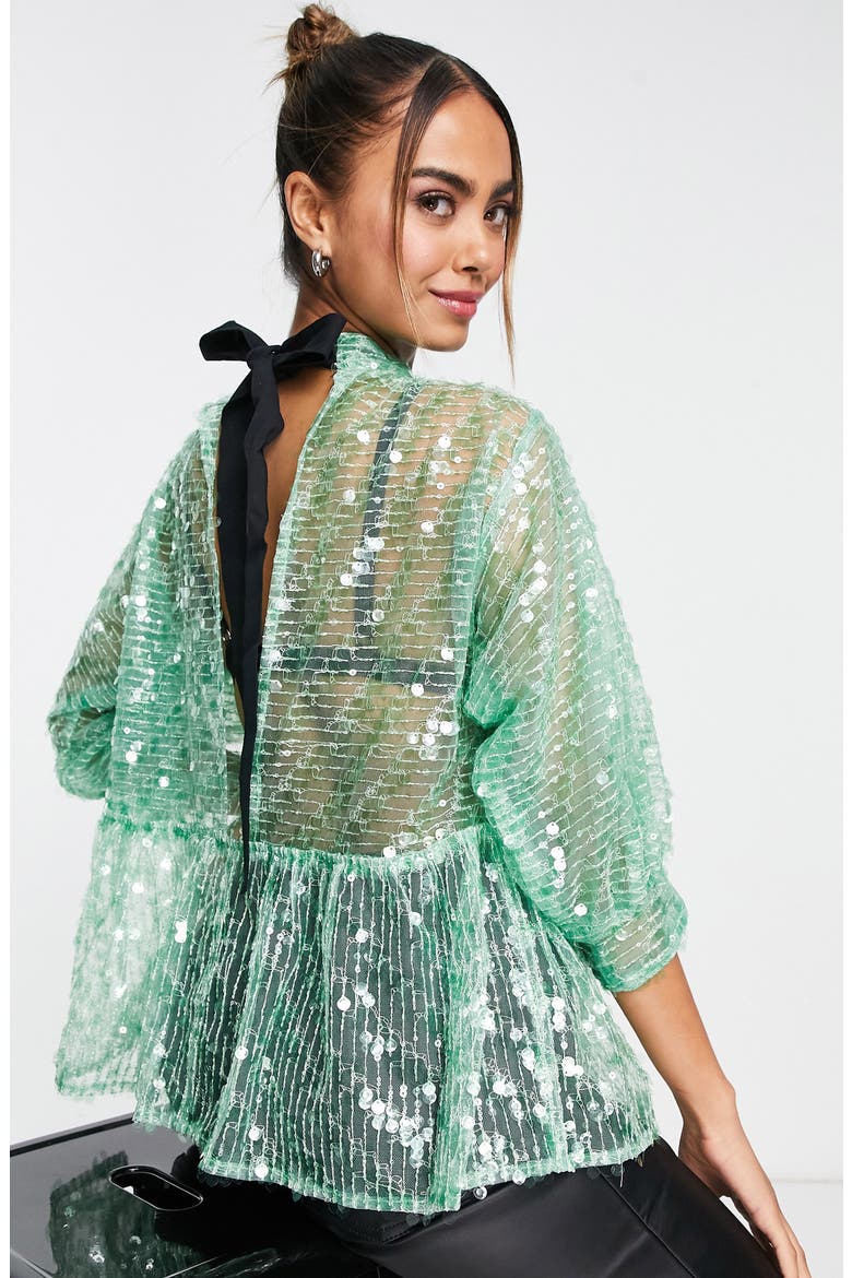 Sequin Mesh Peplum Top, Alternate, color, LIGHT GREEN