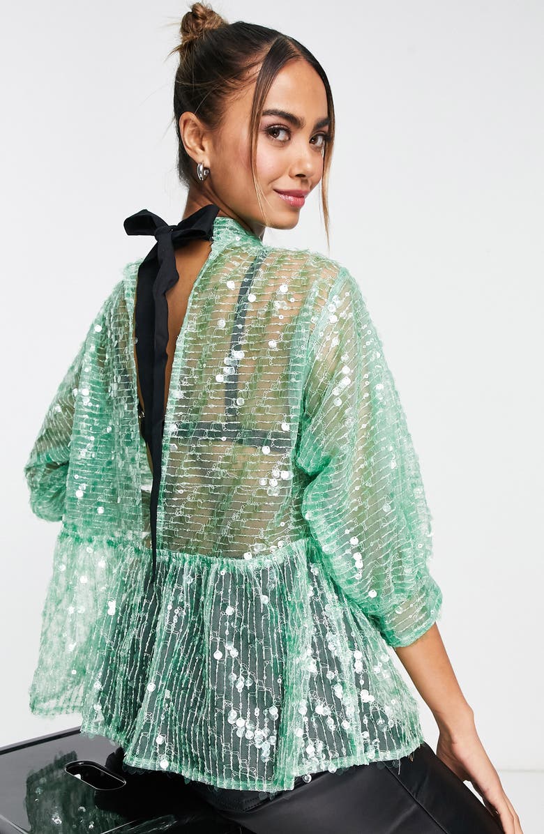 ASOS DESIGN Sequin Mesh Peplum Top, Alternate, color, 