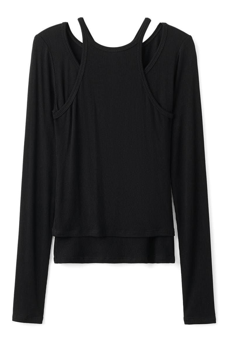 Layered Look Long Sleeve Rib T-Shirt, Alternate, color, BLACK