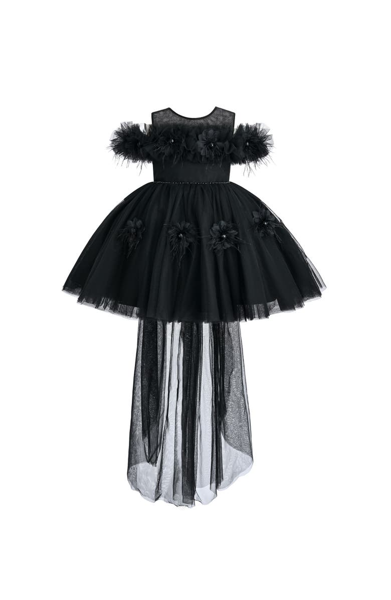 Tulleen Feather Bow Dress, Main, color, Black