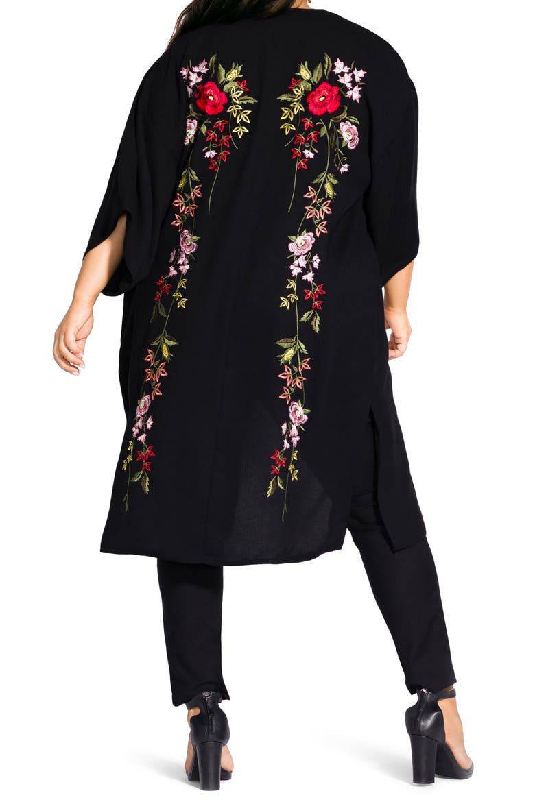 Winter Zen Floral Embroidery Open Long Jacket, Alternate, color, BLACK