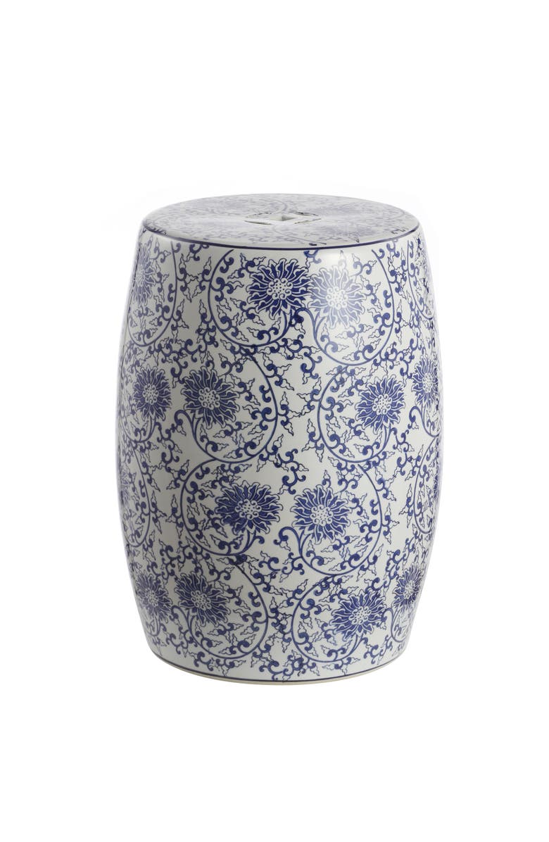 JONATHAN Y Lotus Blossom 17.5" Chinoiserie Ceramic Drum Garden Stool, Main, color, Blue/White