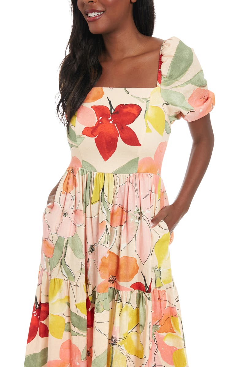 London Times Floral Square Neck Puff Sleeve Tiered Midi Dress, Alternate, color, 