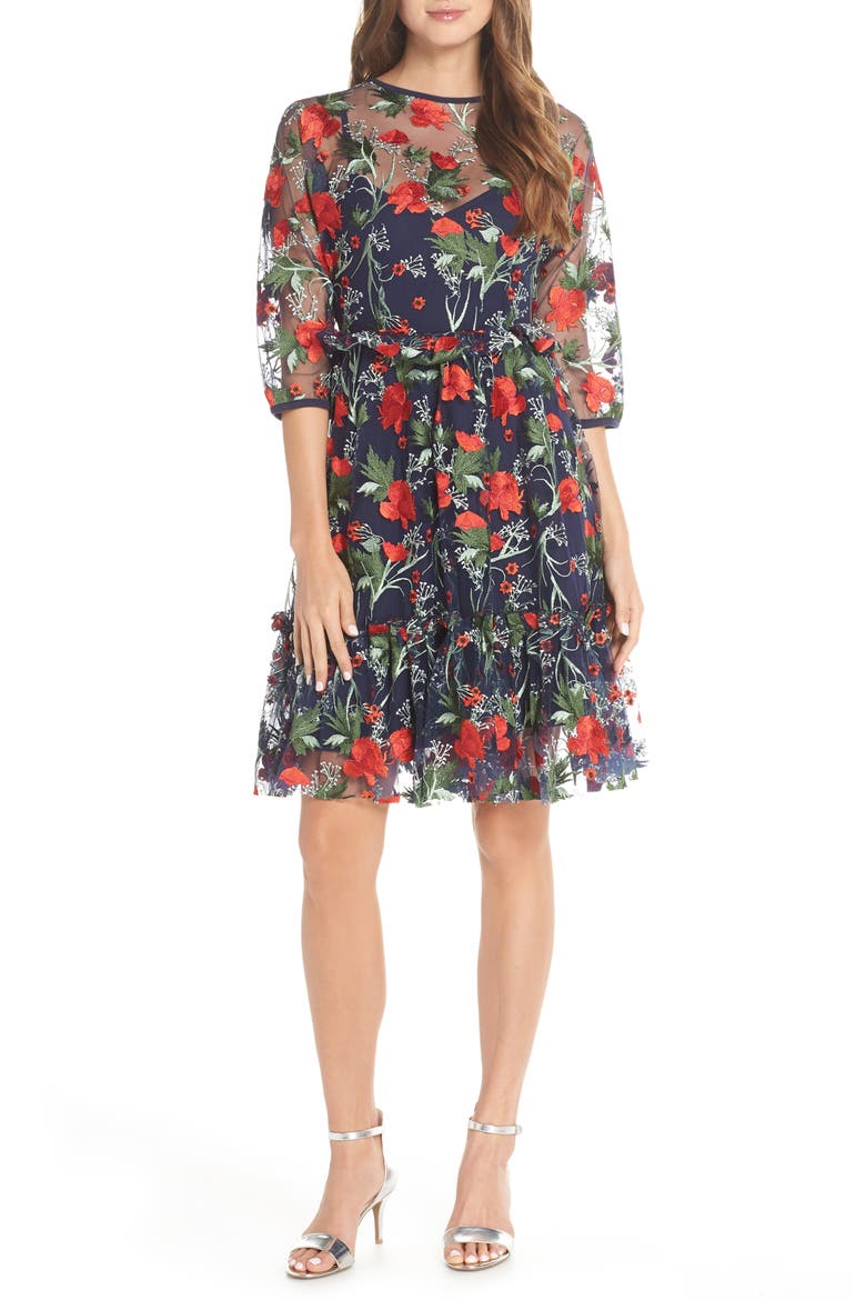 Embroidered Mesh Fit & Flare Dress, Main, color, RED FLORAL